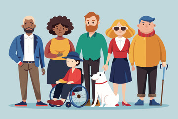 Group of characters with disabilities. People and disability. Blind woman with a guide dog, a guy in a wheelchair, a man and girl with prostheses
