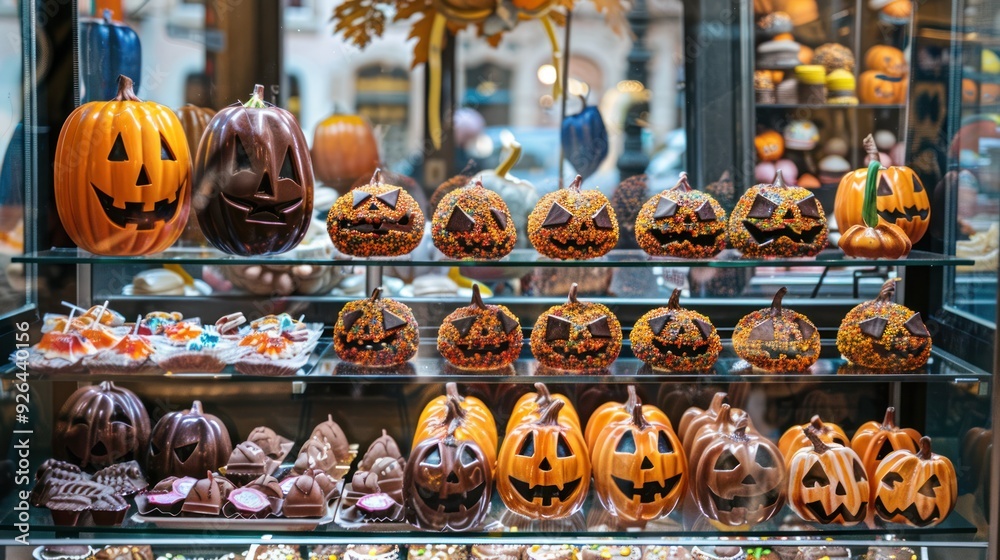 Wall mural A display of Halloween candies and chocolates in a store window.