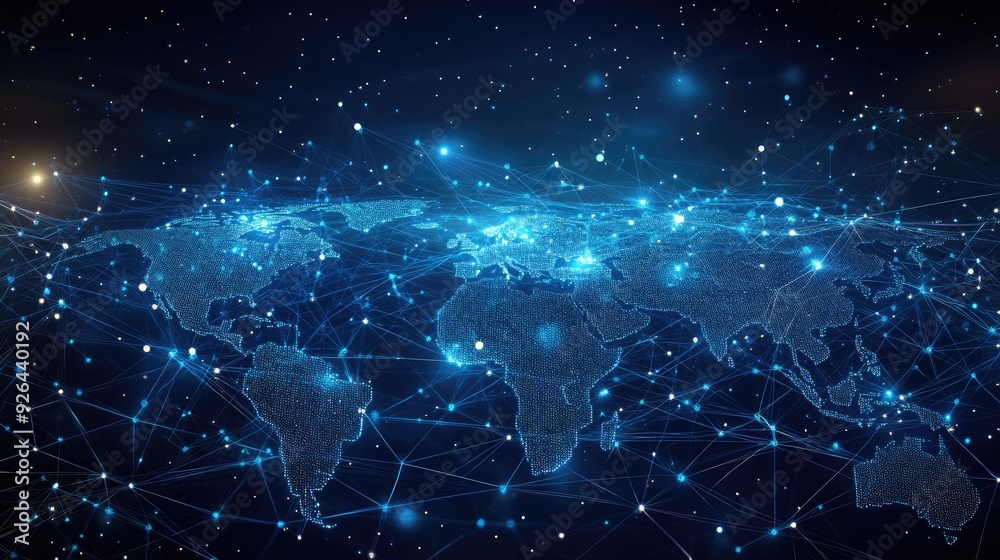 Poster world map with abstract global data connections and telecommunication network lines. vector illustra