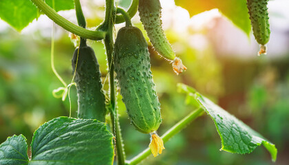 Ripe and fresh cucumbers on bush. Organic agriculture. Natural and healthy food. Autumn harvest
