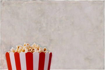 Popcorn flying out of red white striped paper box isolated on white, transparent background, PNG, with copy space. Splash, levitation of popcorn grains.