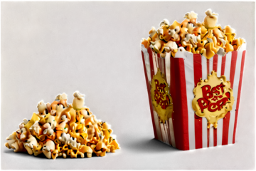 Popcorn flying out of red white striped paper box isolated on white, transparent background, PNG, with copy space. Splash, levitation of popcorn grains.