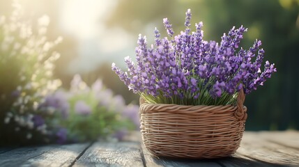 Fototapeta premium Basket of freshly picked lavender, rustic wooden table, soft sunlight, fragrant blooms, country charm, high-resolution floral photography, natural textures, lifestyle composition, simplicity and beaut
