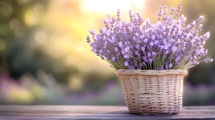 Basket of freshly picked lavender, rustic wooden table, soft sunlight, fragrant blooms, country charm, high-resolution floral photography, natural textures, lifestyle composition, simplicity and beaut