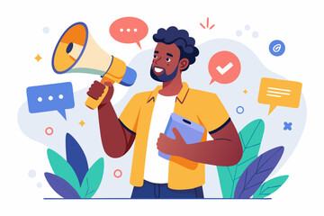 Mobile marketing. Promotion of a product or service on social networks. African American guy speaks into a megaphone.
