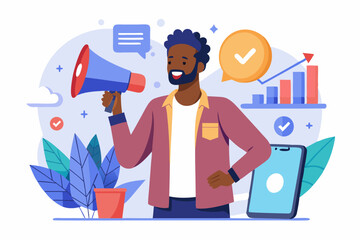 Mobile marketing. Promotion of a product or service on social networks. African American guy speaks into a megaphone.

