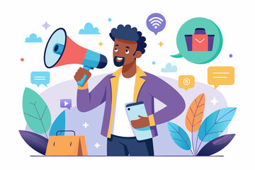 Mobile marketing. Promotion of a product or service on social networks. African American guy speaks into a megaphone.
