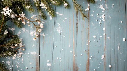 Winter Wonderland Background: A rustic blue wooden plank backdrop adorned with frosted pine sprigs and delicate snowflakes, perfect for holiday crafts, greetings, or festive designs.