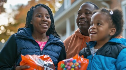 A family with their Halloween candy bags, savoring their favorite sweets.