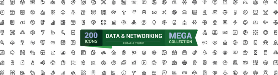 Data and Networking line icon set. Mega collection of technology related icon. Outline symbols collection. Editable stroke. Vector illustration.