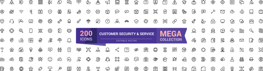 Customer Service and Security line icon set. Mega collection of Customer related icon. Outline symbols collection. Editable stroke. Vector illustration.