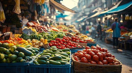 Bustling farmers market, fresh produce stalls, vibrant vegetables, cheerful vendors, sunny morning, community vibe, high-resolution street photography, local culture, lively atmosphere.