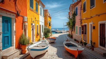 Obraz premium Charming coastal village, colorful houses, narrow streets, fishing boats in harbor, clear blue sky, sunny day, tranquil lifestyle, travel photography, cultural charm, Mediterranean vibes.