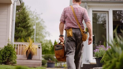 Handyman on the Job: A skilled craftsman confidently walks towards a residential home, his tool bag slung over his shoulder, ready to tackle any task.