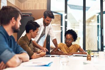 Business, mentor and document with group with discussion for induction training, onboarding and...