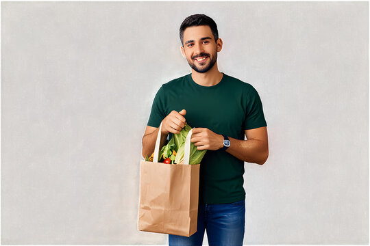 Smiling young man holding groceries vegetable shopping bag standing isolate on trasparency background PNG