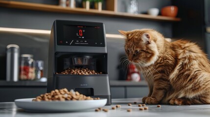 High-Tech Automatic Pet Feeder in Kitchen With Cat Watching Food Dispense
