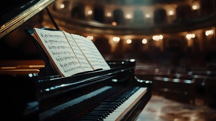 Elegant black grand piano, polished surface, sheet music on stand, soft spotlight, minimalist concert hall, high-resolution interior photography, timeless elegance, musical ambiance.