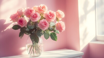 Obraz premium Elegant bouquet of pink roses in clear glass vase, pale pink wall background, white wooden cabinet, soft window light casting shadows, romantic atmosphere, delicate petals, fresh green leaves.