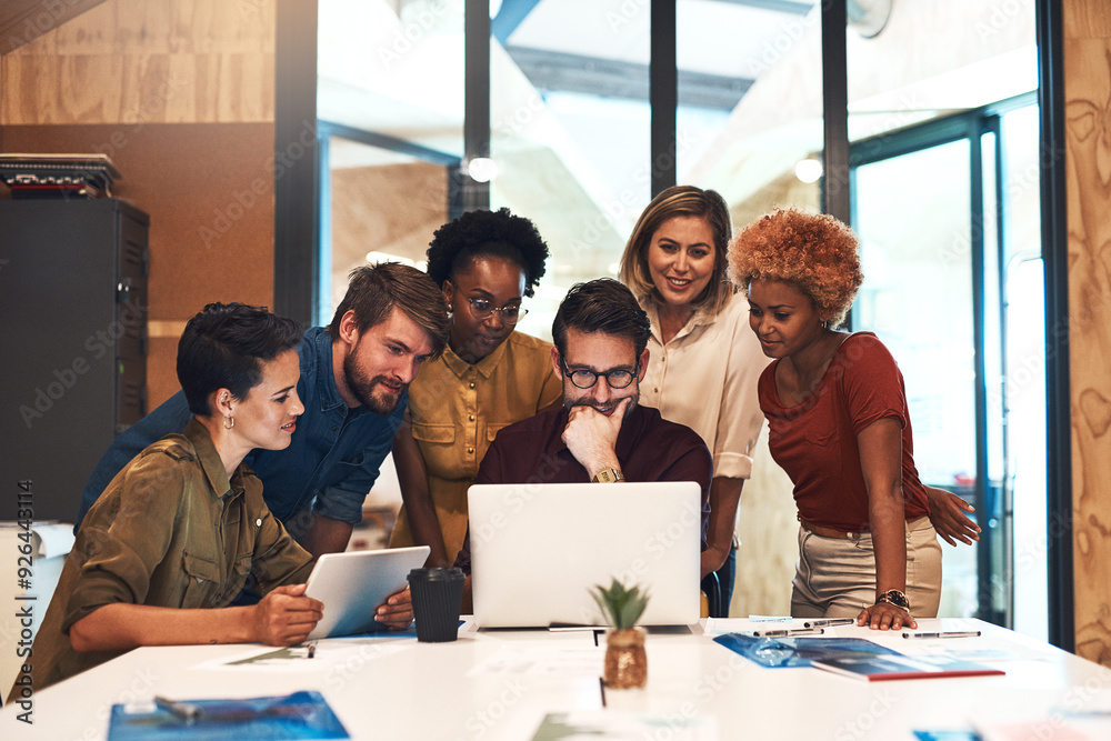 Aufkleber business, mentor and group with learning on laptop for induction training, onboarding and company or