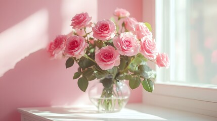 Elegant bouquet of pink roses in clear glass vase, pale pink wall background, white wooden cabinet, soft window light casting shadows, romantic atmosphere, delicate petals, fresh green leaves.