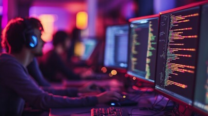 Close-up of programmers in dark room coding and gaming on multiple screens during marathon, with focus on colorful code on monitors.