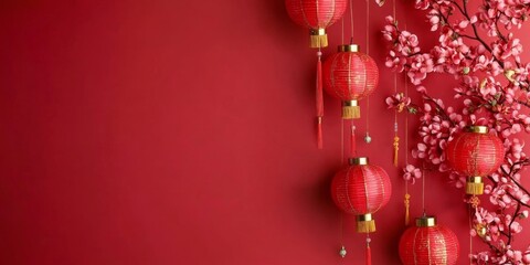 Enchanting 2025 Lunar New Year Celebration: Abstract Creative Snake Zodiac Design with Floral Motifs, Lanterns, and Red-Gold Elements. Artistic UI Background for Festive Marketing, Web Posters, and Dr