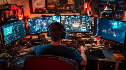 Late-night coding and gaming marathon, focused developer with multiple screens in a high-tech setup