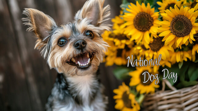 Happy Yorkshire Terrier with Sunflowers for National Dog Day - Powered by Adobe