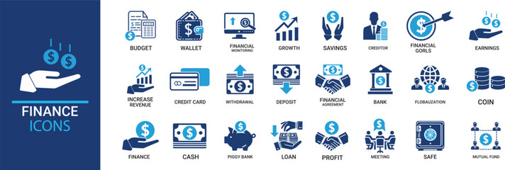 Finance icon set. Contains loan, cash, saving, financial goal, profit, budget, mutual fund, earning money and revenue icons. Solid icons collection.