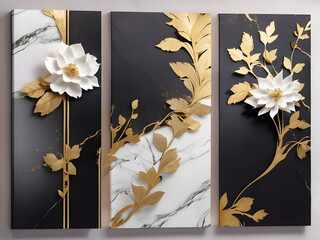 Painting of elegant feathers and white flowers in gold color in 3 frames on black background
