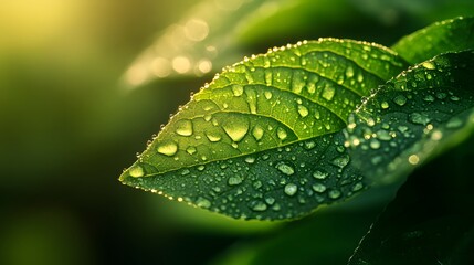 Glistening dew on fresh green leaf, macro photography, intricate details, high-resolution, soft morning light, natural textures, vibrant green color, crisp focus, shallow depth of field.
