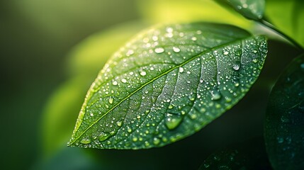 Glistening dew on fresh green leaf, macro photography, intricate details, high-resolution, soft morning light, natural textures, vibrant green color, crisp focus, shallow depth of field.