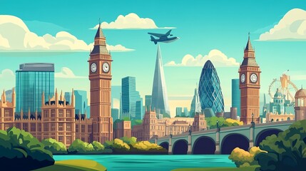 Fototapeta premium A travel and tourism-themed background featuring famous buildings and monuments from around the world. This design showcases iconic landmarks, representing various cultures and destinations