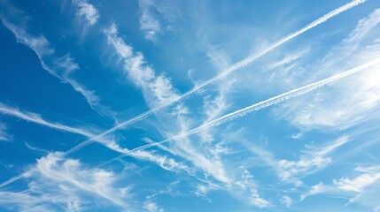 Contrails from multiple planes form an intricate pattern across a blue sky.