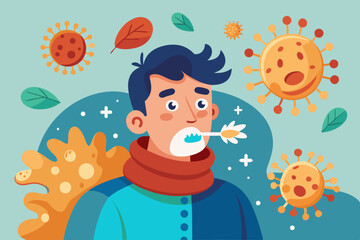 Sick man. Flu, viral disease. Vector illustration
