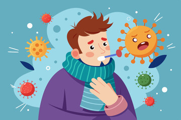 Sick man. Flu, viral disease. Vector illustration
