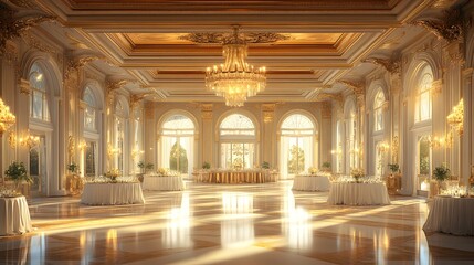 Fototapeta premium Luxurious golden ballroom, ornate crystal chandelier, gilded ceiling details, marble floor with golden veins, sunlight streaming through floor-to-ceiling windows, elegant white-clothed tables.