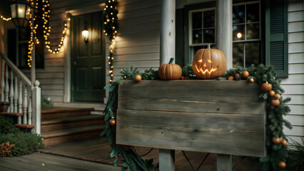 Wooden signpost on a porch with autumn pumpkins and festive lights