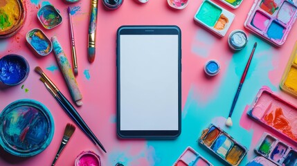 A blank tablet surrounded by various painting tools and colorful palettes on a pink and blue background, Ideal for creative arts, digital art integration, or education-related content,