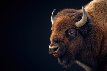 Photo of a bison isolated against a black background, emphasising the bison's majestic features. Wildlife and conservation concept, space for copy.