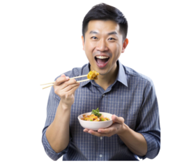 Young adult asian man is holding a bowl and eating with chopsticks