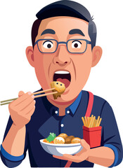 Young adult asian man is holding a bowl and eating with chopsticks