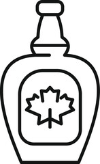 Black and white line drawing of a bottle of maple syrup with a maple leaf on the label