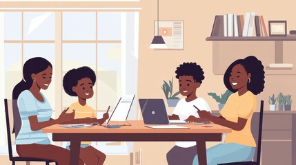 A family collaborates on schoolwork and creative projects at a well-lit dining table