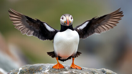 Obraz premium The Atlantic Puffin, nicknamed the sea clown, is a charming bird with a distinctive look. --ar 16:9 --v 6.1 Job ID: 046f0573-fcfe-4215-97d0-f602fae5eab8