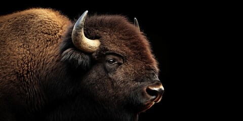 Photo of a bison isolated against a black background, emphasising the bison's majestic features. Wildlife and conservation concept, space for copy.