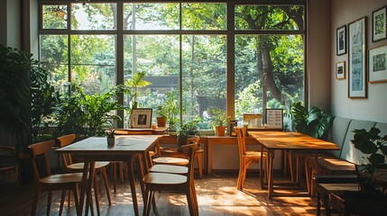 Fototapeta premium Minimalist coffee shop, wooden tables, cozy seating, large windows, natural light, potted plants, warm ambiance, high-resolution interior photography, contemporary design.