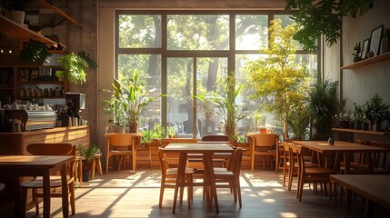 Minimalist coffee shop, wooden tables, cozy seating, large windows, natural light, potted plants, warm ambiance, high-resolution interior photography,  contemporary design.