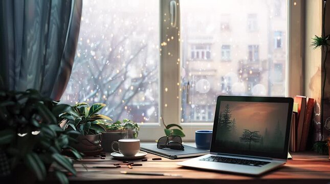 Laptop placed on a windowsill, with a view of a snowy winter landscape outside, creating a cozy and productive work or study space w Seamless looping 4k time-lapse virtual video animation Generated AI